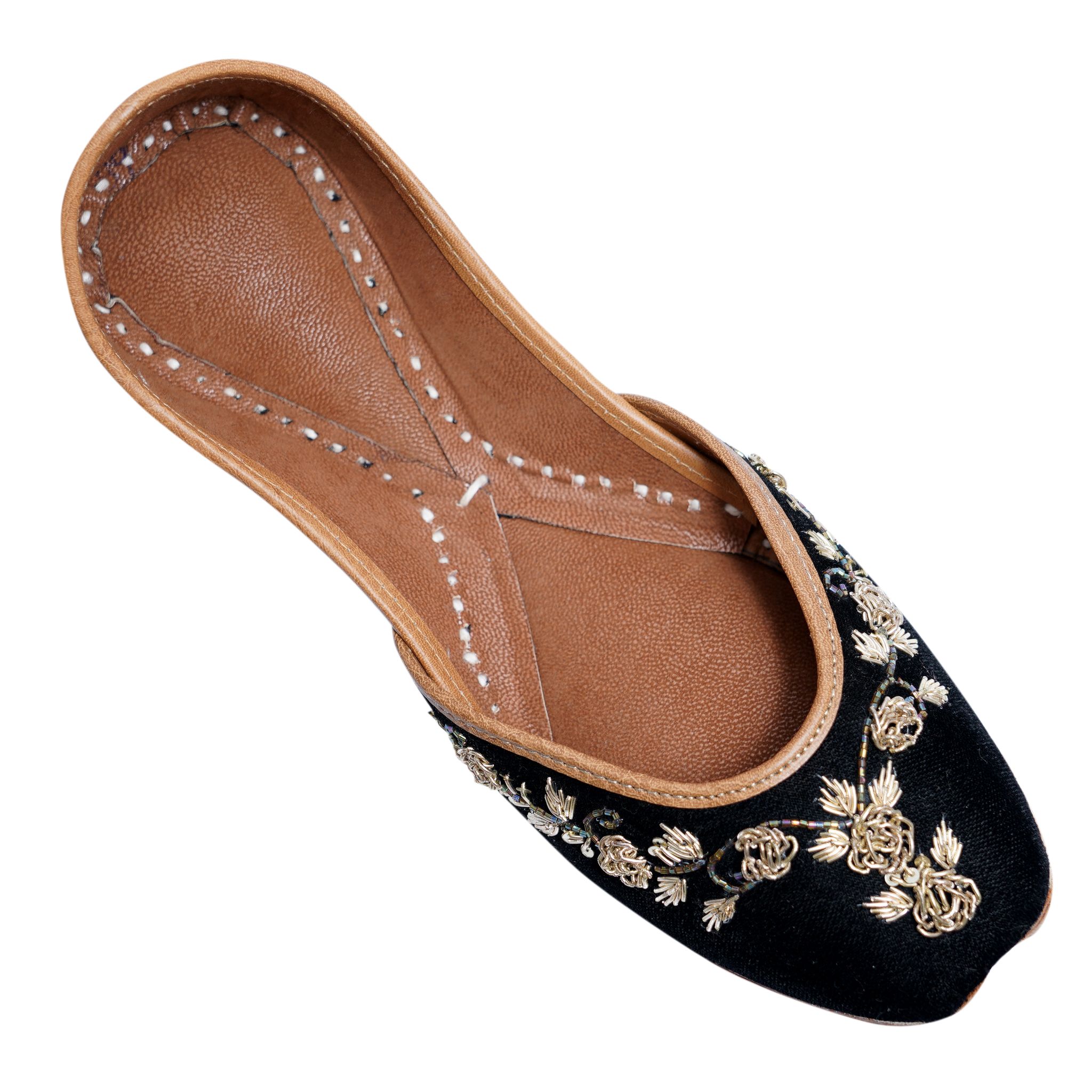 RSK ETHNIC WEAR, Black Color Embroidered Handmade Jutti for Women with Soft Leather and Double Cushion