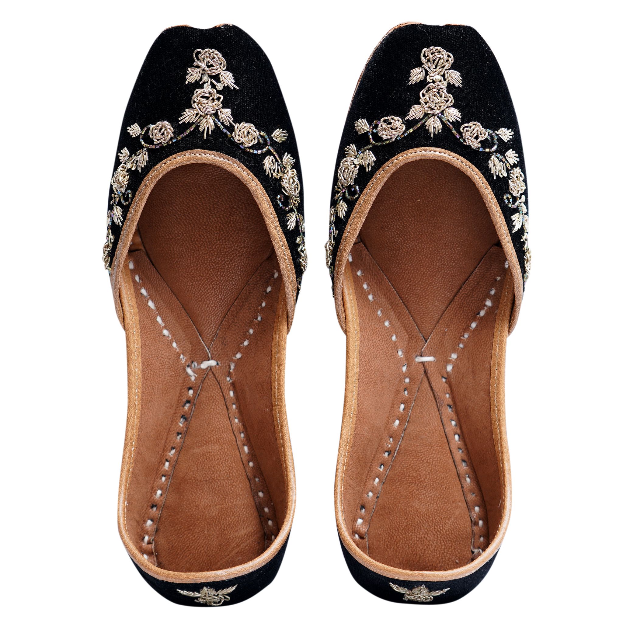 RSK ETHNIC WEAR, Black Color Embroidered Handmade Jutti for Women with Soft Leather and Double Cushion