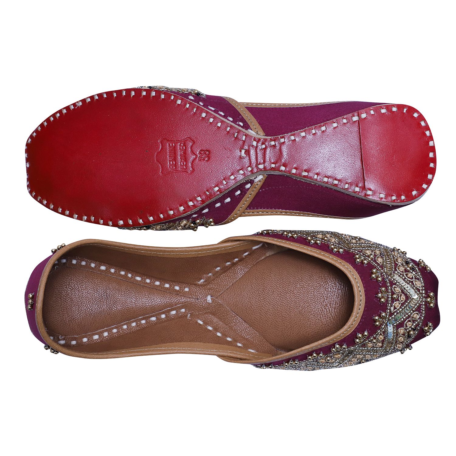 RSK ETHNIC WEAR, Wine Color Embroidered Handmade Jutti for Women with Soft Leather and Double Cushion