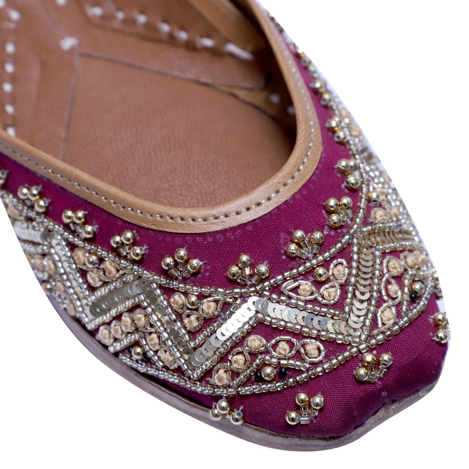 RSK ETHNIC WEAR, Wine Color Embroidered Handmade Jutti for Women with Soft Leather and Double Cushion