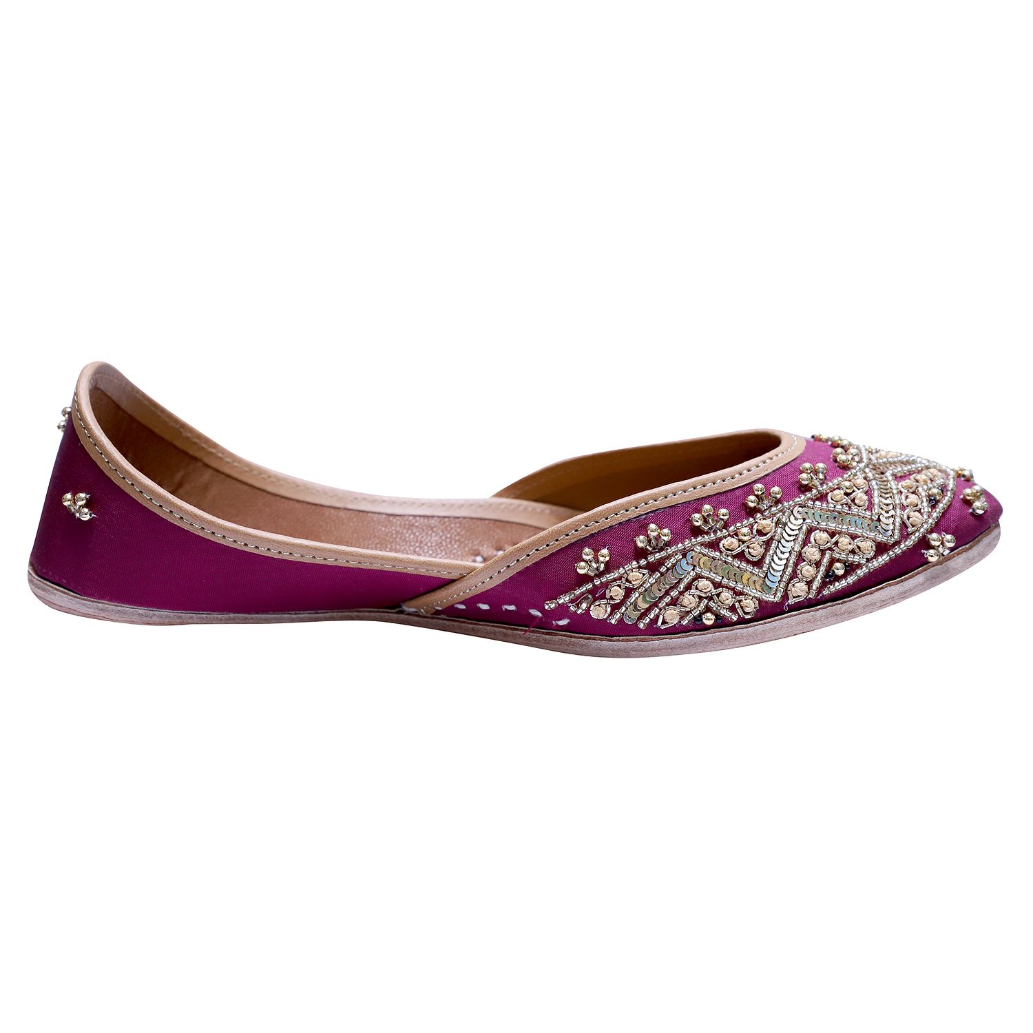 RSK ETHNIC WEAR, Wine Color Embroidered Handmade Jutti for Women with Soft Leather and Double Cushion