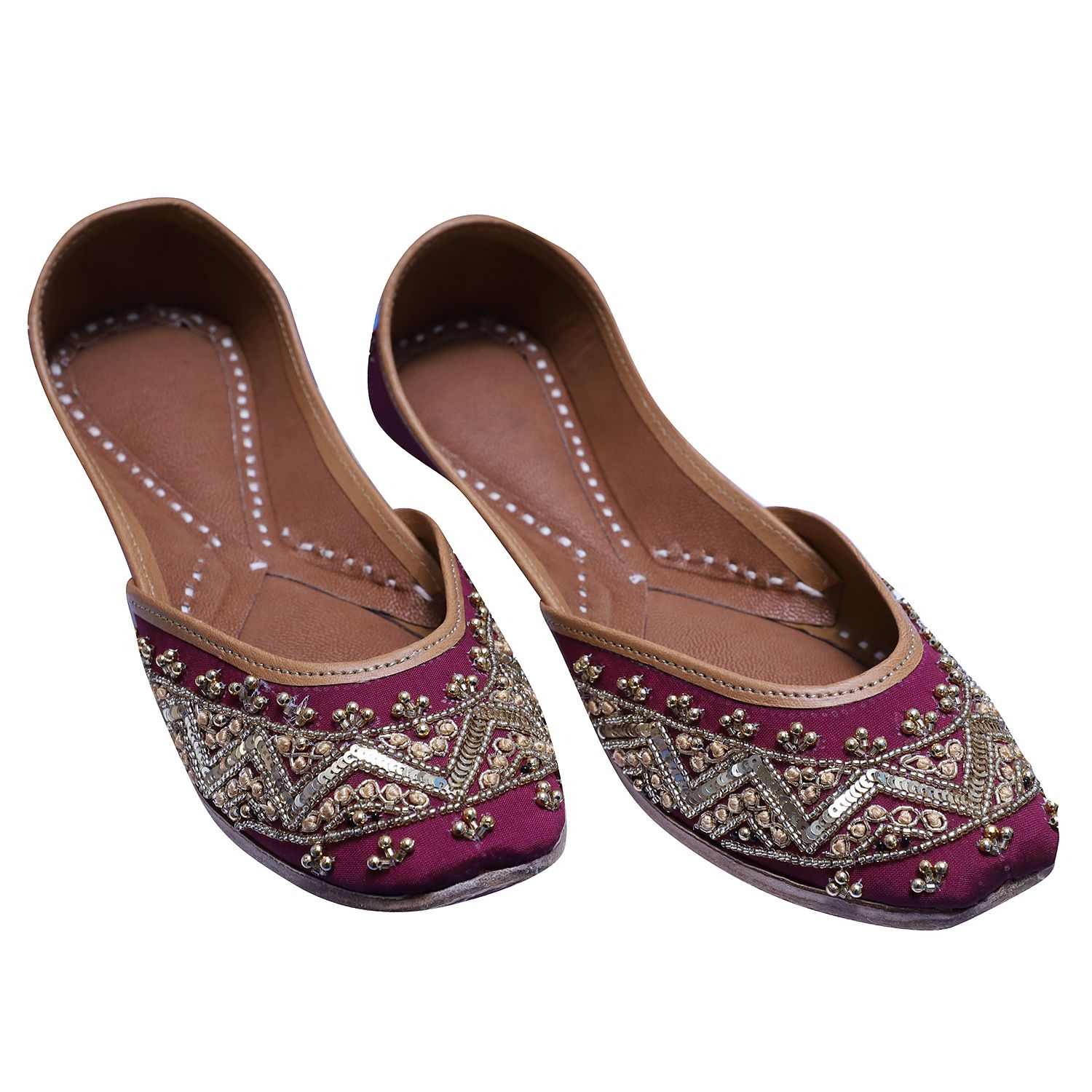RSK ETHNIC WEAR, Wine Color Embroidered Handmade Jutti for Women with Soft Leather and Double Cushion