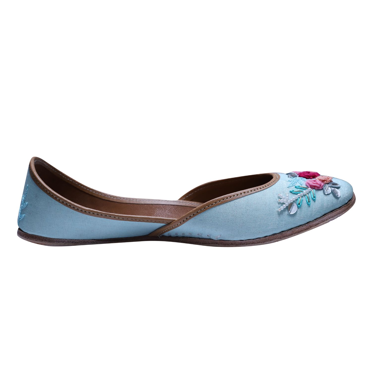 RSK ETHNIC WEAR, Sky Blue Color Embroidered Handmade Jutti for Women with Soft Leather and Double Cushion