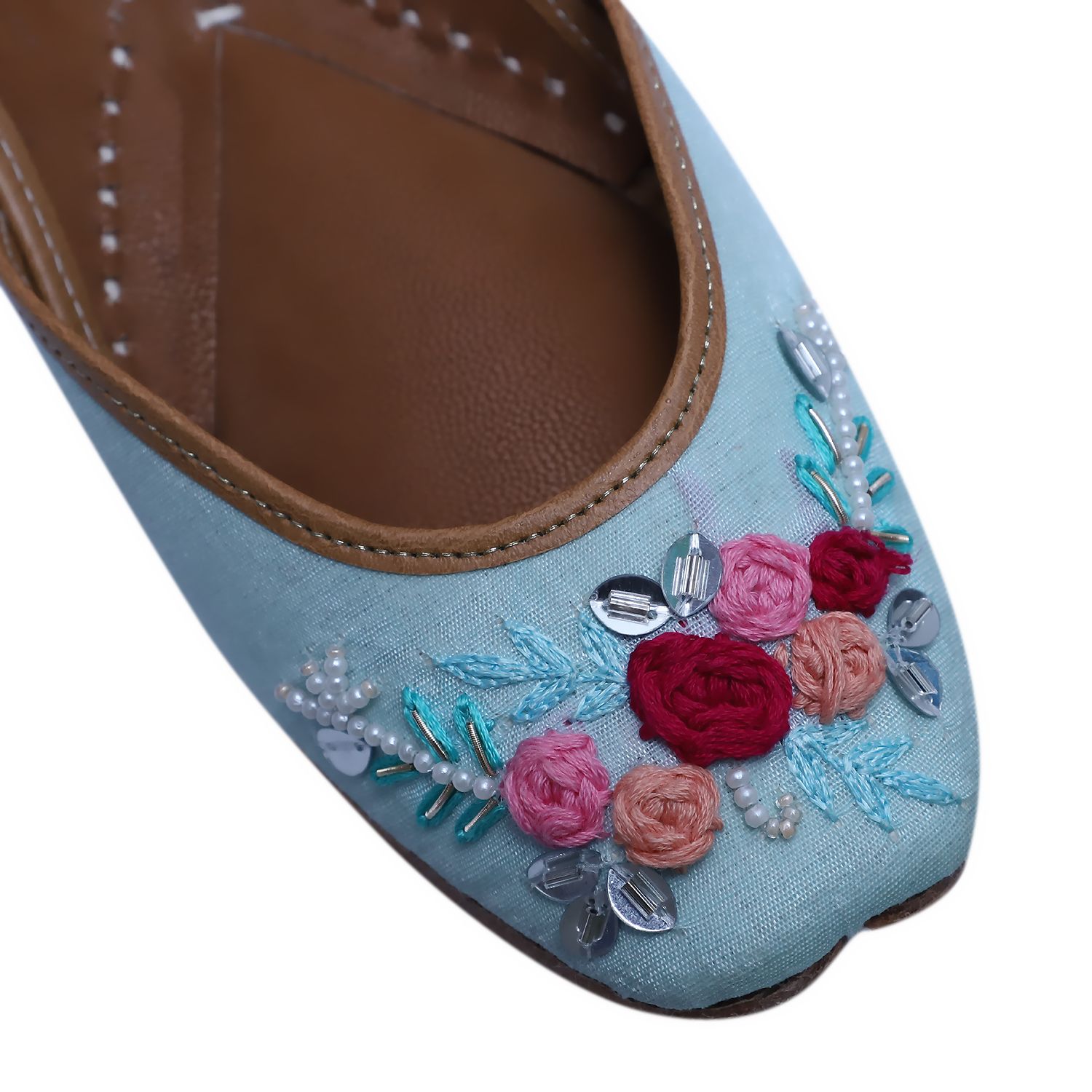 RSK ETHNIC WEAR, Sky Blue Color Embroidered Handmade Jutti for Women with Soft Leather and Double Cushion