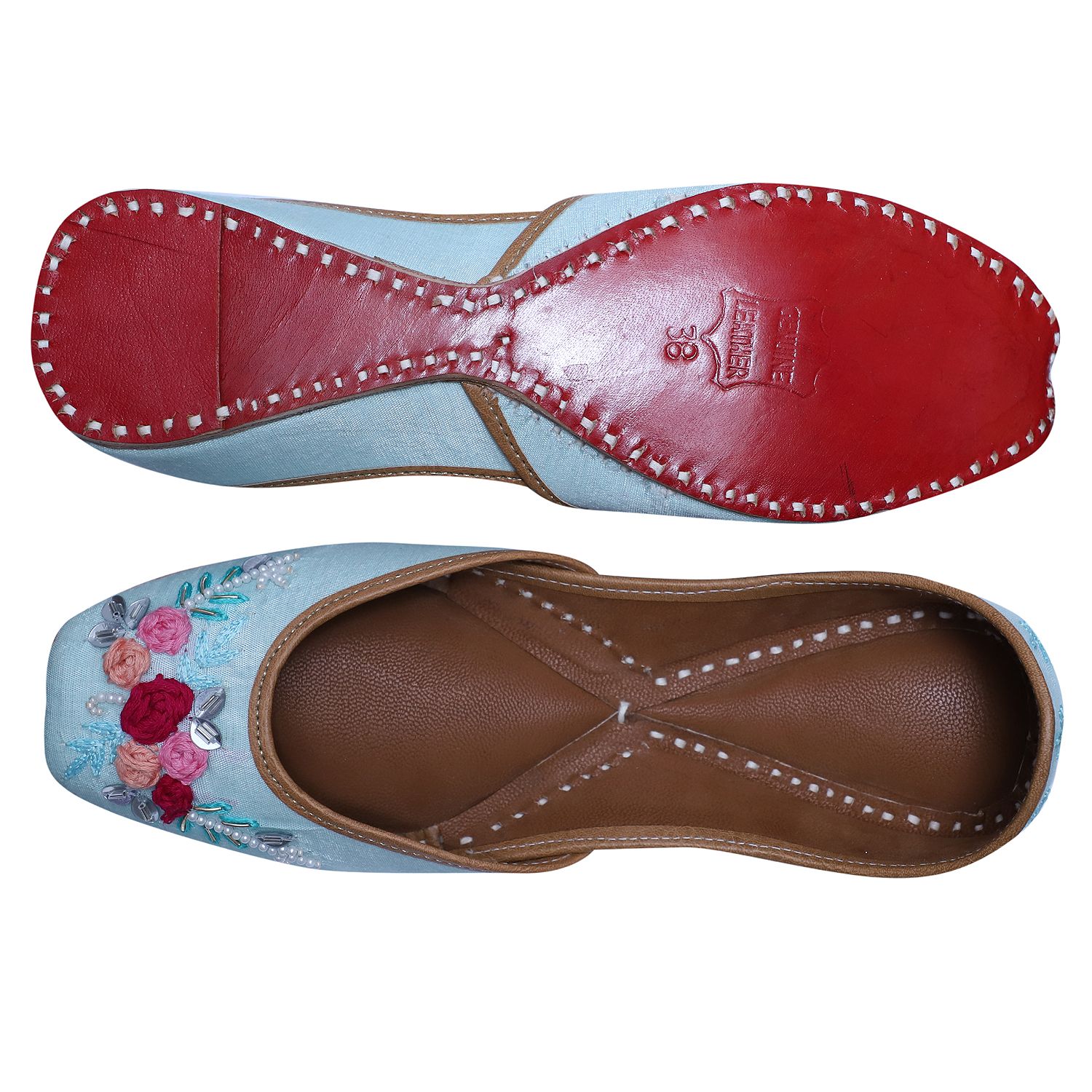 RSK ETHNIC WEAR, Sky Blue Color Embroidered Handmade Jutti for Women with Soft Leather and Double Cushion