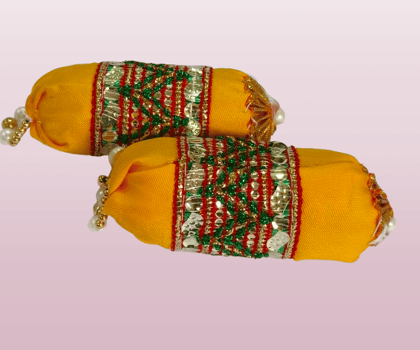 Yellow Fabric pillow with gotta pati for Kanha ji