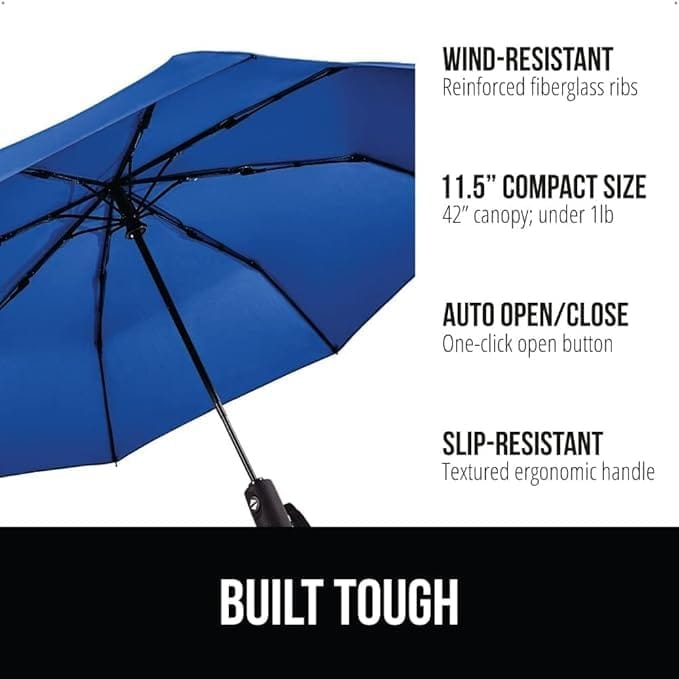 Portable Auto Travel Umbrella - Windproof for Rain, Strong for Wind, Auto Open/Close Button, Perfect Car Umbrella for Men & Women (Black)