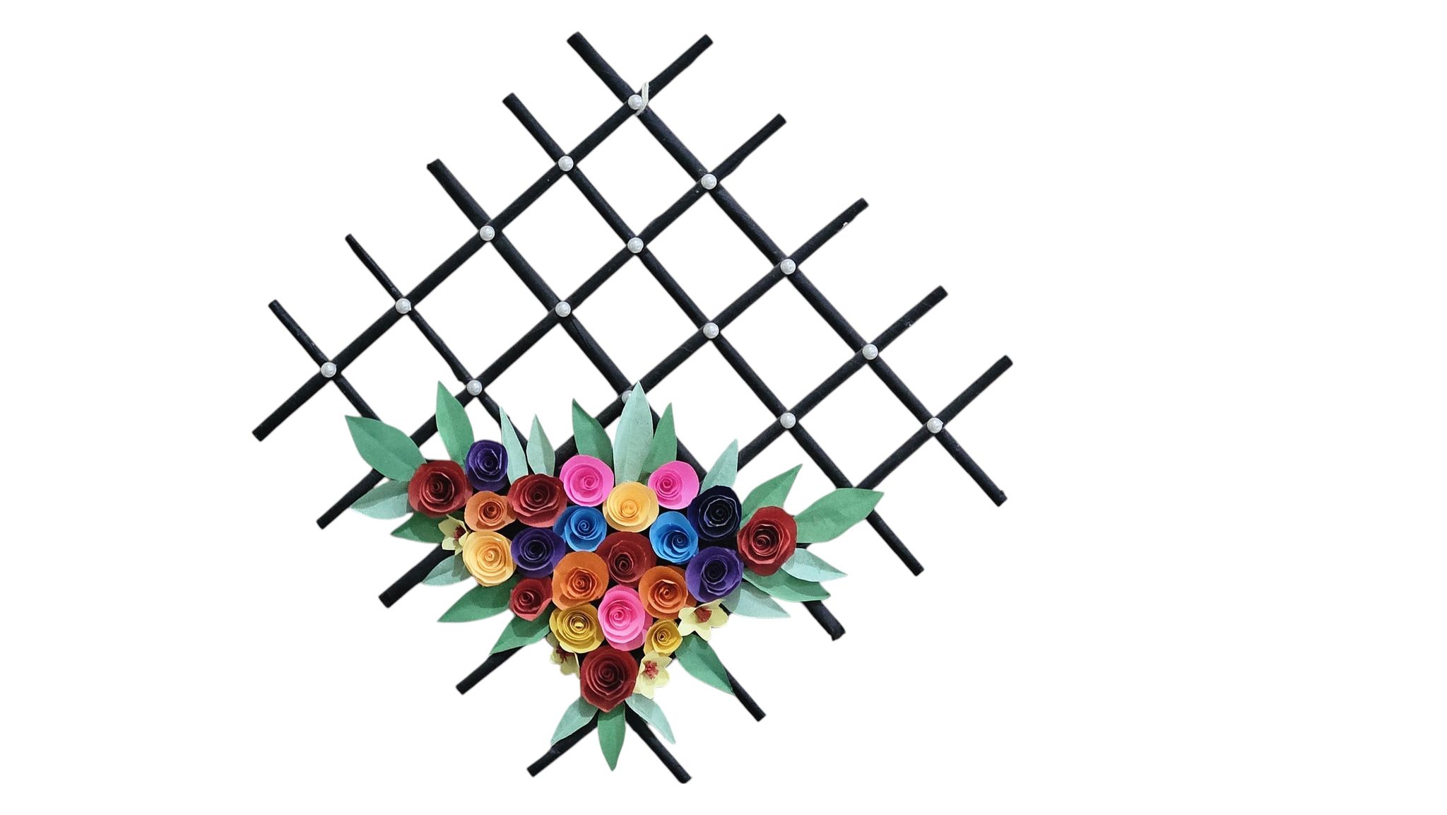 Handcrafted Paper Flower Wall Art - Black Grid and Colorful Roses