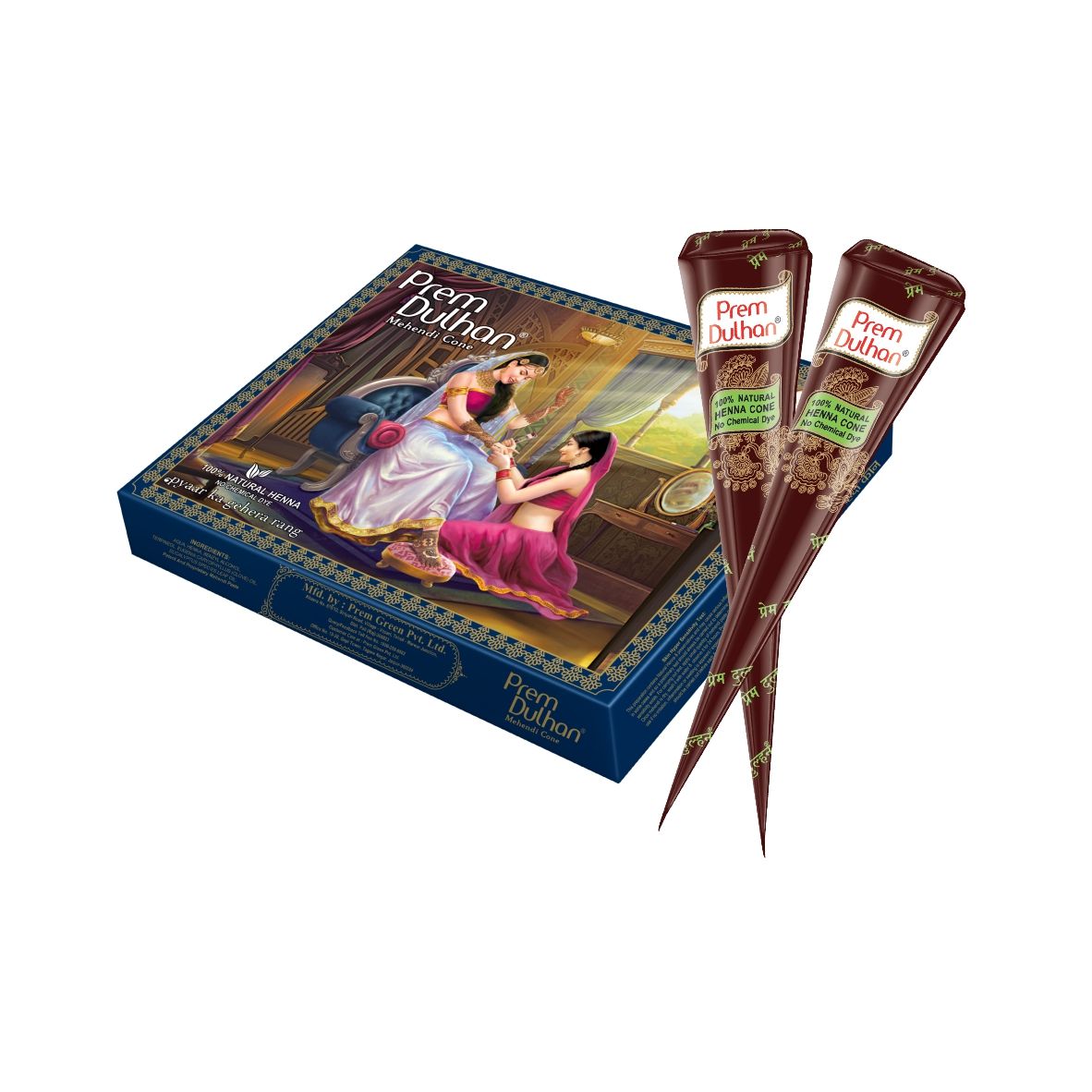 Prem Dulhan Natural Henna Mehandi Cones 12 Pcs Box Mehendi Cones, for Bridal and Festivals, Easy Application, Floral Paisley Blue Box