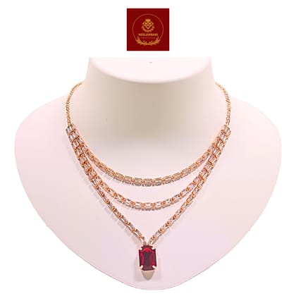 Jia Luxury Handcrafted Rose Gold Plated Necklace Set with Earrings, Red Gemstones