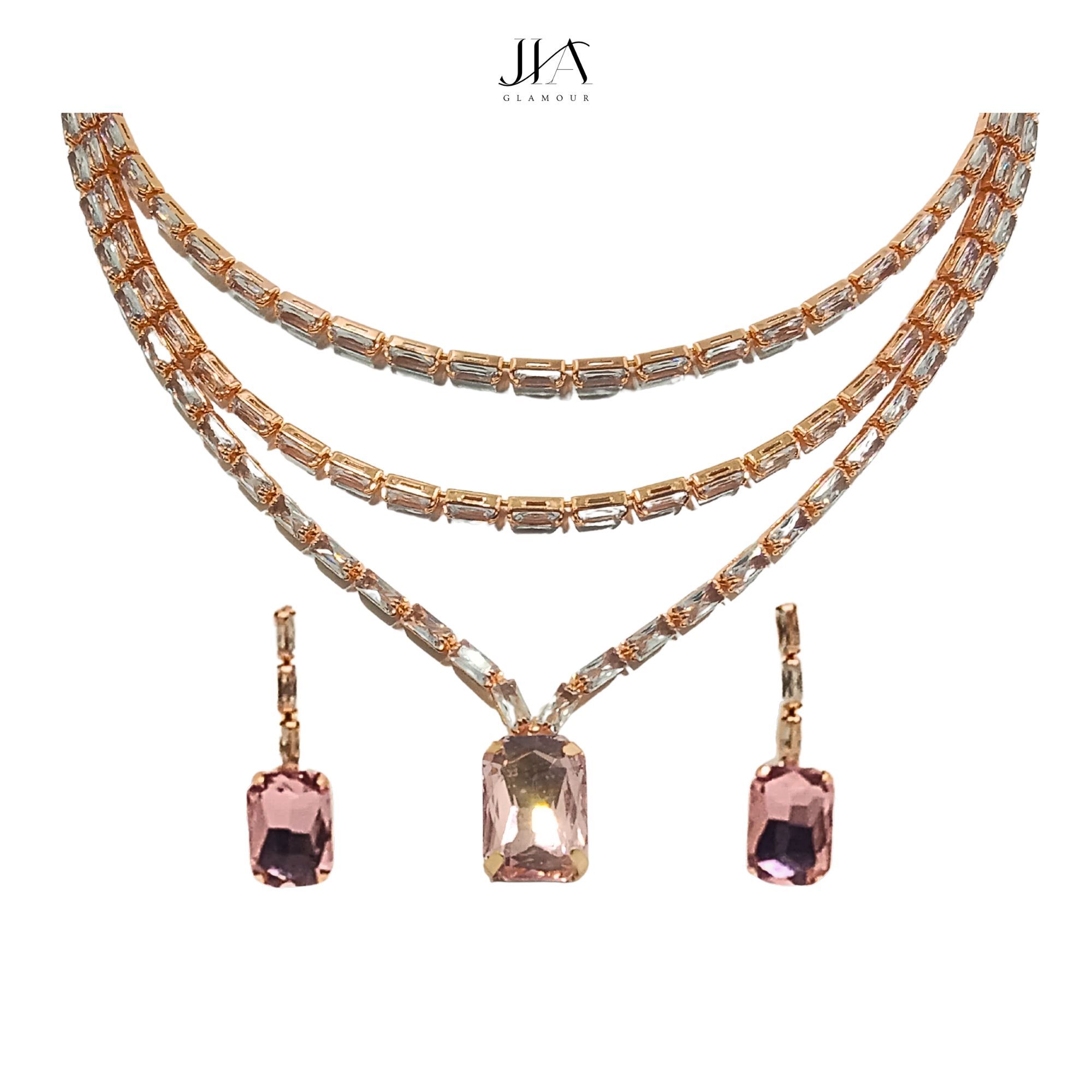 Jia Glamour - Luxury Handcrafted Rose Gold Plated AD Necklace Set with Earrings - Pink Stones, Suited for Party Casual Formal for Women