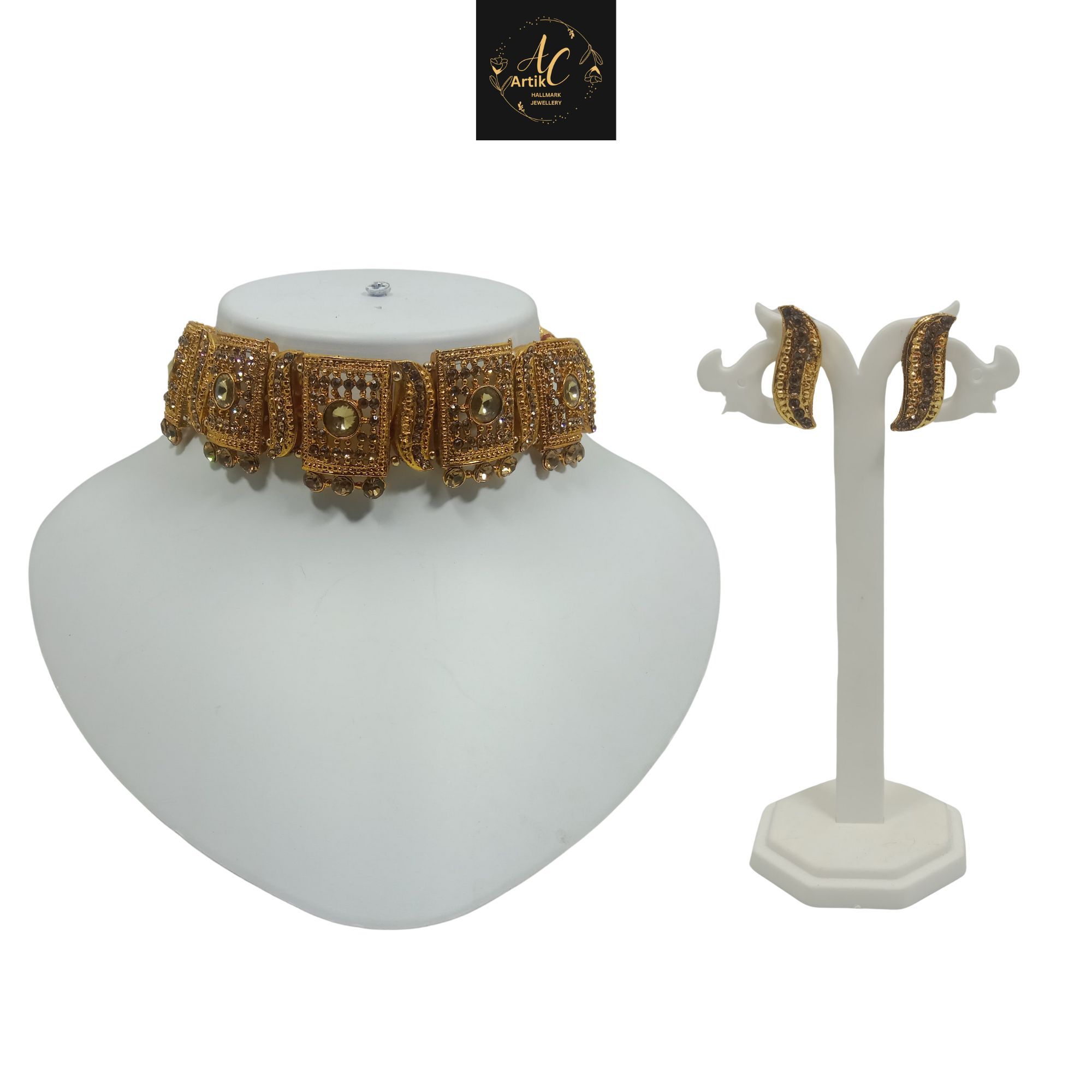 Artik Luxury Handcrafted Gold Plated Guluband Necklace with Earrings, AD Brown