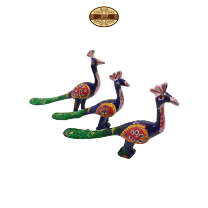 Handcrafted Paper Mache Peacock Figurine, Blue and Green, Set of 3