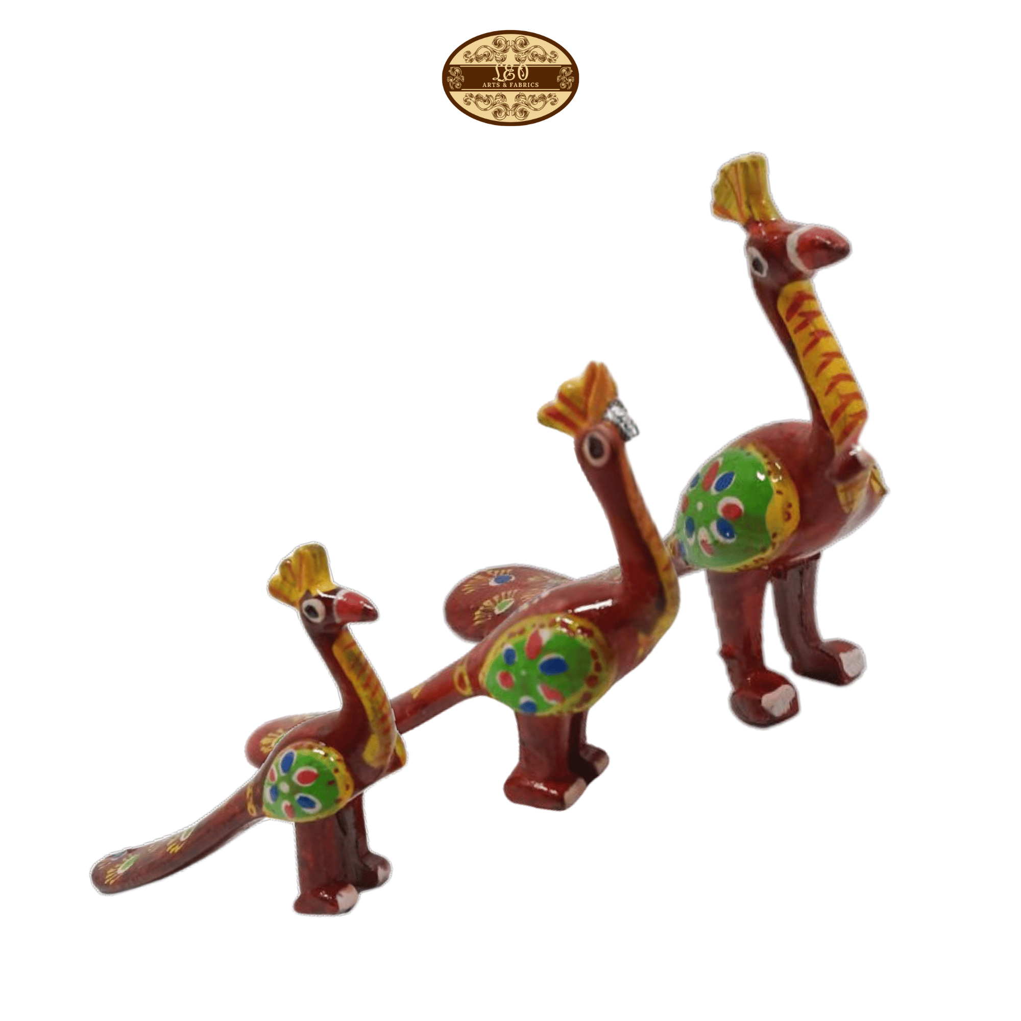 Handcrafted Paper Mache Peacock Family Figurines, Set of 3, Red