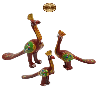 Handcrafted Paper Mache Peacock Family Figurines, Set of 3, Red