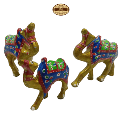 Handcrafted Paper Mache Camel Family Figurines, Set of 3, Golden