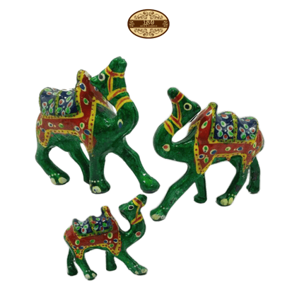 Handcrafted Paper Mache Camel Family Figurines, Set of 3, Green