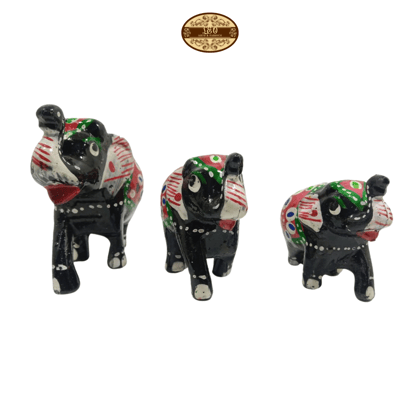 Handcrafted Paper Mache Elephant Family Figurines, Set of 3, Black and Red Colour