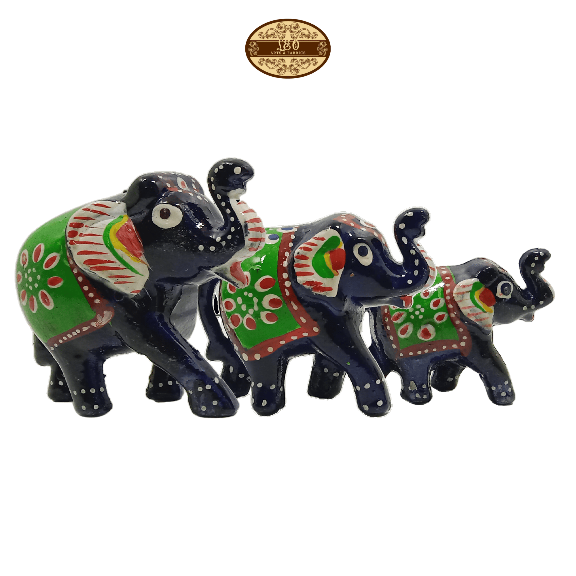Handcrafted Paper Mache Elephant Family Figurines, Set of 3, Black with Green Colour