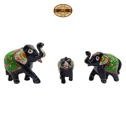 Handcrafted Paper Mache Elephant Family Figurines, Set of 3, Black with Green Colour