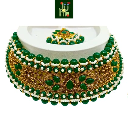 JUHI Luxury Handcrafted Gold Plated Necklace Jewellery Set with Earrings And Mangtika, Green beads, AD