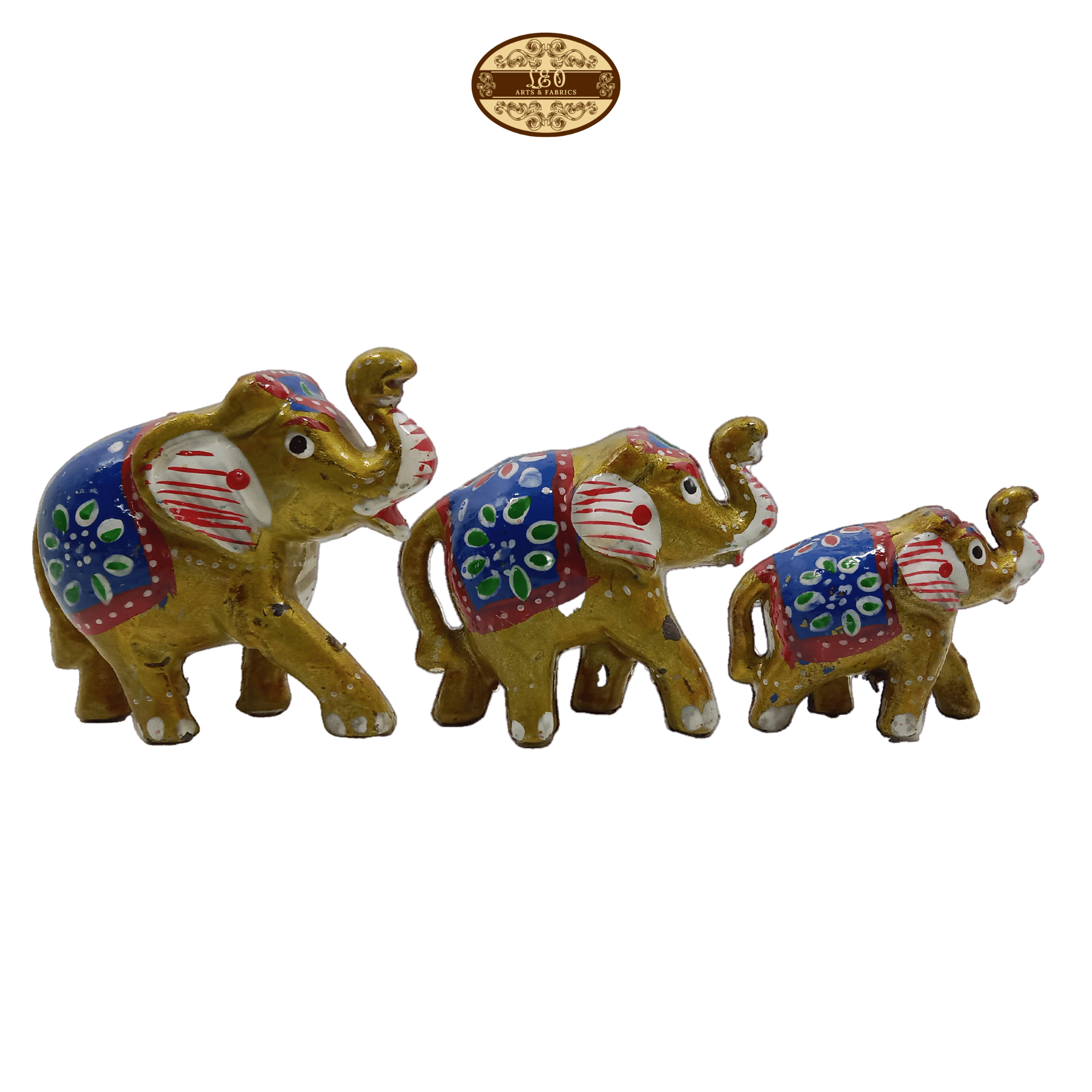 Handcrafted Paper Mache Elephant Family Figurines, Set of 3, Golden Colour