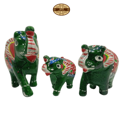 Handcrafted Paper Mache Elephant Family Figurines, Set of 3, Green