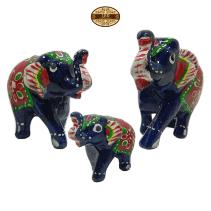 Handcrafted Paper Mache Elephant Family Figurines, Set of 3, Navy Blue