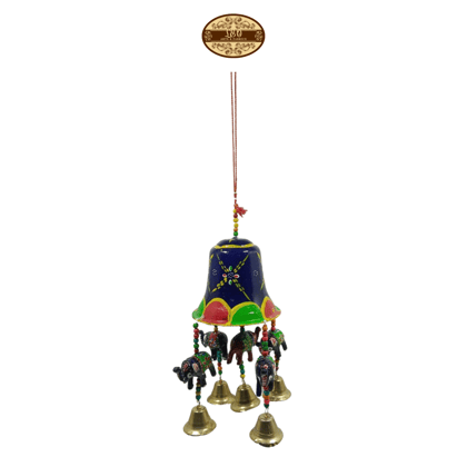 Handcrafted Large Wind chime, Navy Blue, with Multicolored Elephants, Bells, 30cm