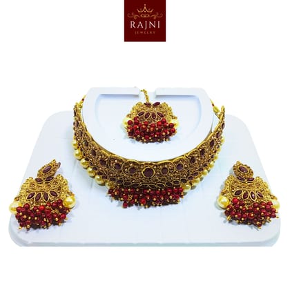 Rajni Luxury Handcrafted Gold Plated Necklace Jewellery Set with Earrings And Mangtika, Beads, Pearl, AD, Multicolour 