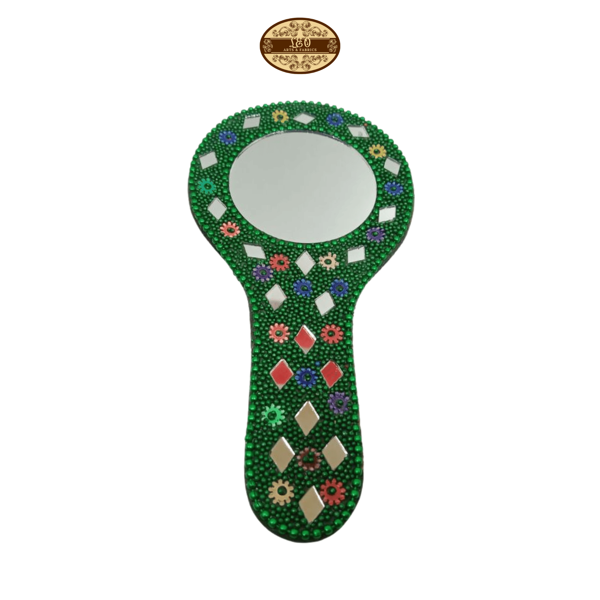 Decorative Handmade Vanity Mirror with Lac Work, Round, Green, Easy to Carry