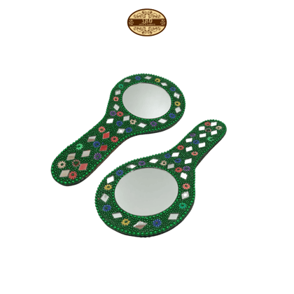 Decorative Handmade Vanity Mirror with Lac Work, Round, Green, Easy to Carry