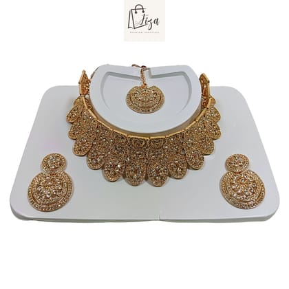 Fiza Luxury Handcrafted Gold Plated Necklace Jewellery Set with Earrings And Mangtika, White AD, Rose Gold Fiza Luxury Handcrafted Gold Plated Necklace Jewellery Set with Earrings And Mangtika, White AD, Rose Gold