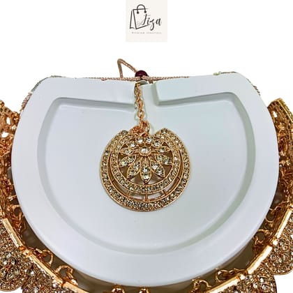 Fiza Luxury Handcrafted Gold Plated Necklace Jewellery Set with Earrings And Mangtika, White AD, Rose Gold