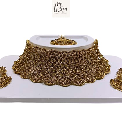 Fiza Luxury Handcrafted Gold Plated Necklace Jewellery Set with Earrings And Mangtika, AD Brown