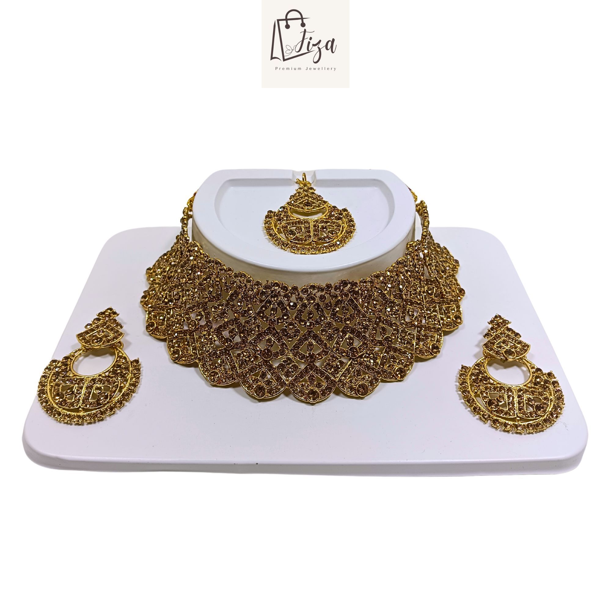 Fiza Luxury Handcrafted Gold Plated Necklace Jewellery Set with Earrings And Mangtika, AD Brown
