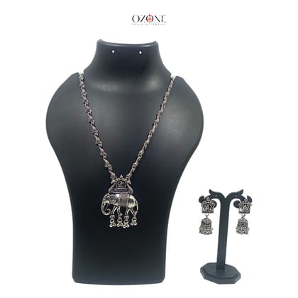 Ozone Luxury Handcrafted Long Oxidized Necklace Jewellery Set with Earrings And Mangtika with Elephant Pendant