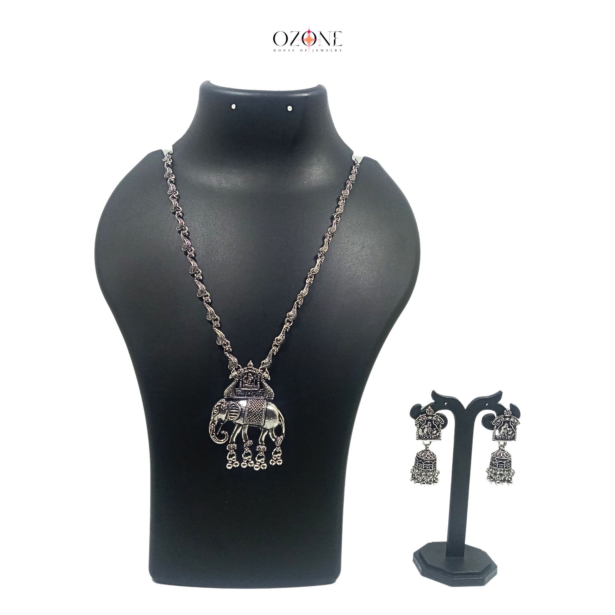 Ozone Luxury Handcrafted Long Oxidized Necklace Jewellery Set with Earrings And Mangtika with Elephant Pendant