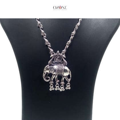 Ozone Luxury Handcrafted Long Oxidized Necklace Jewellery Set with Earrings And Mangtika with Elephant Pendant