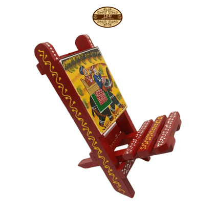 Wooden Chair Mobile Stand - Elephant Design, Red, 23.5cm x 9.5cm x 4cm