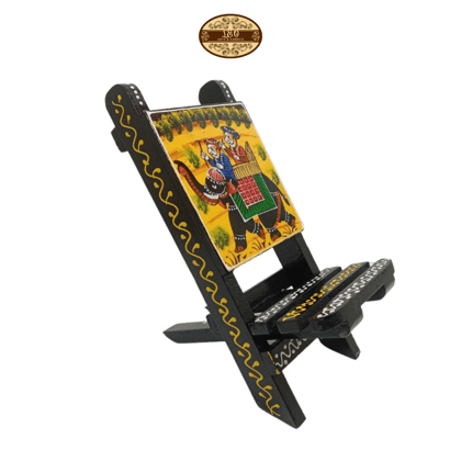 Handcrafted Wooden Chair Mobile Stand - Elephant Design, Black, 23.5cm x 9.5cm x 4cm