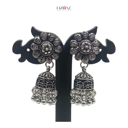 Ozone Luxury Handcrafted Long Necklace Jewellery Set with Earrings, Oxidized, Radhe Krishna Pendant