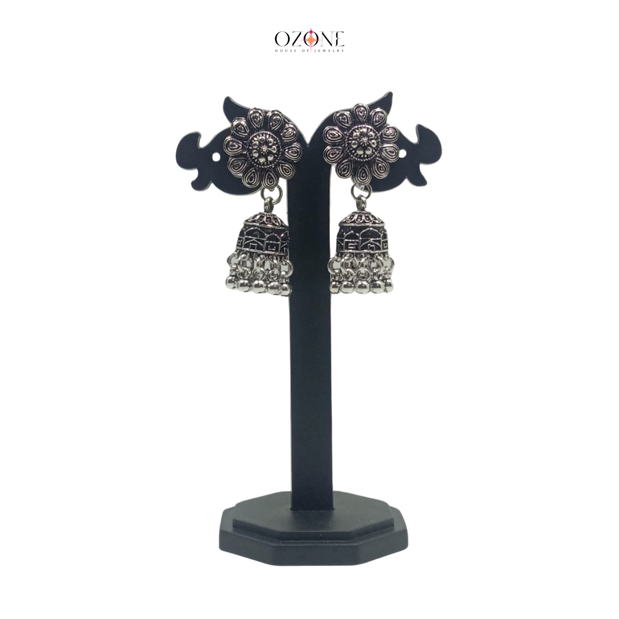 Ozone Luxury Handcrafted Long Necklace Jewellery Set with Earrings, Oxidized, Radhe Krishna Pendant