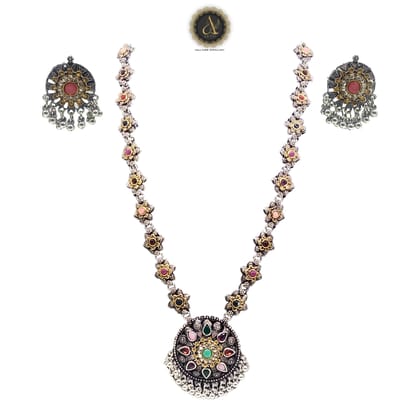 ARTIK HALLMARK Luxury Handcrafted Necklace Jewellery Set with Ear Rings, Oxidized, Round Pendant