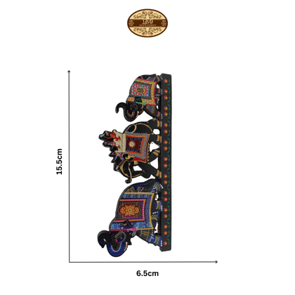 Handcrafted Indian Triple Elephant Caravan Fridge Magnet Decor Piece, Twin Salute Style, 15.5 x 6.5 x 0.5 cm