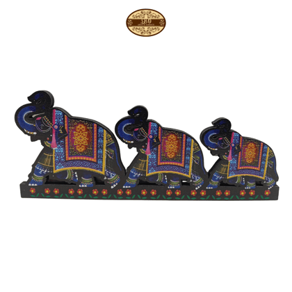 Handcrafted Indian Triple Elephant Caravan Fridge Magnet Decor Piece, All Salute, 15.5 x 6.5 x 0.5 cm