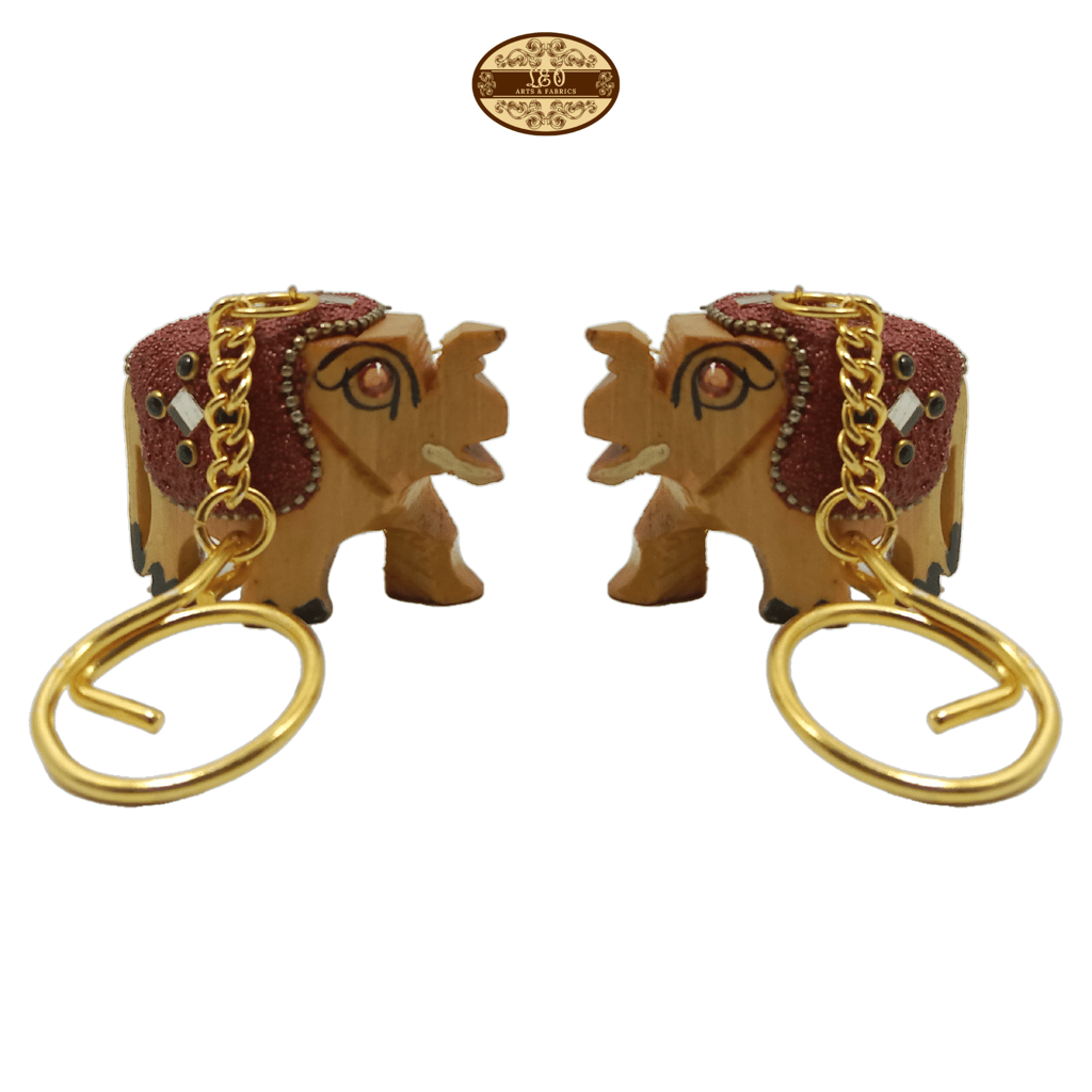 Handcrafted Wooden Elephant Key Chain, Decorative, Bajni Design, Maroon, 6.5 cm x 6 cm x 4.5 cm