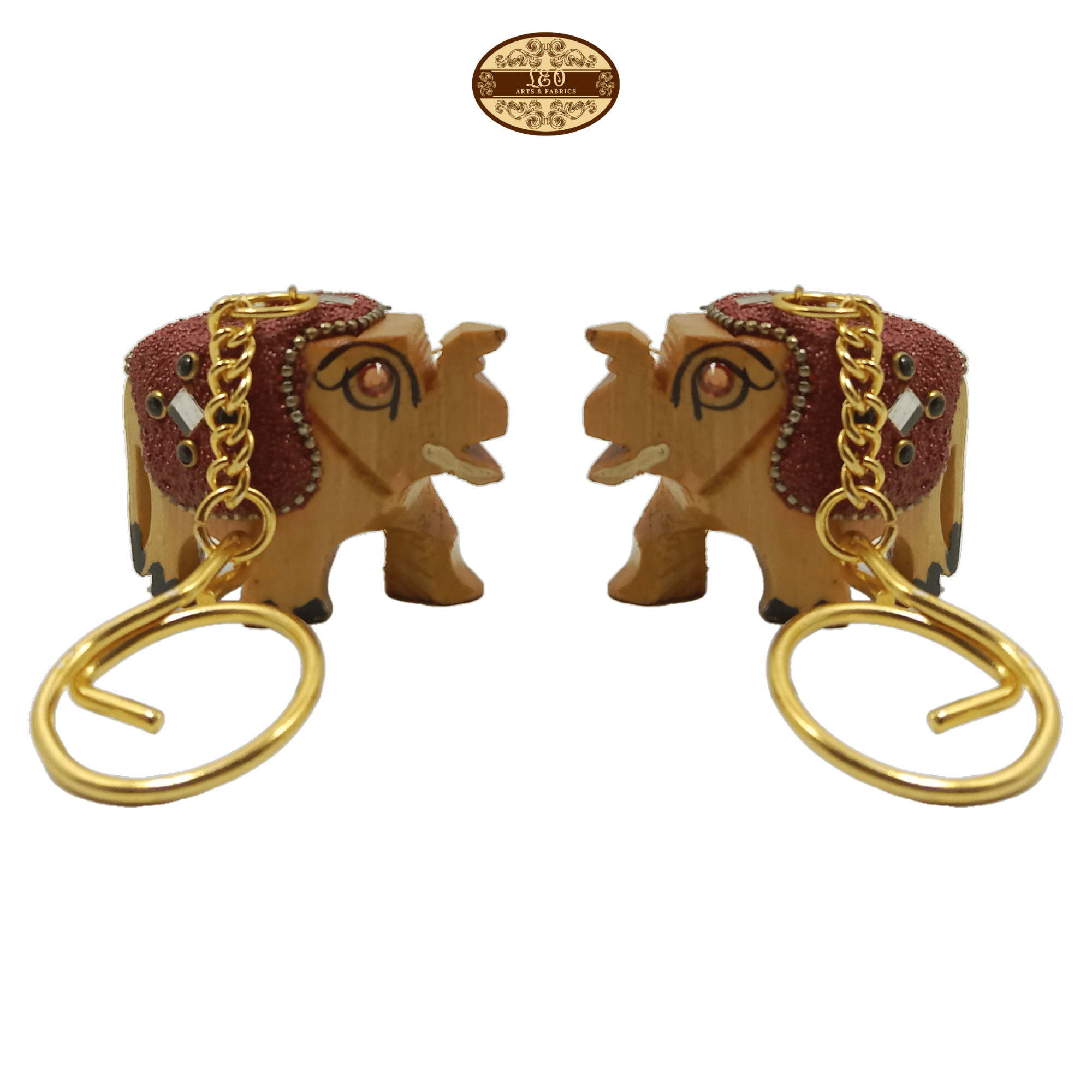 Handcrafted Wooden Elephant Key Chain, Decorative, Bajni Design, Maroon, 6.5 cm x 6 cm x 4.5 cm