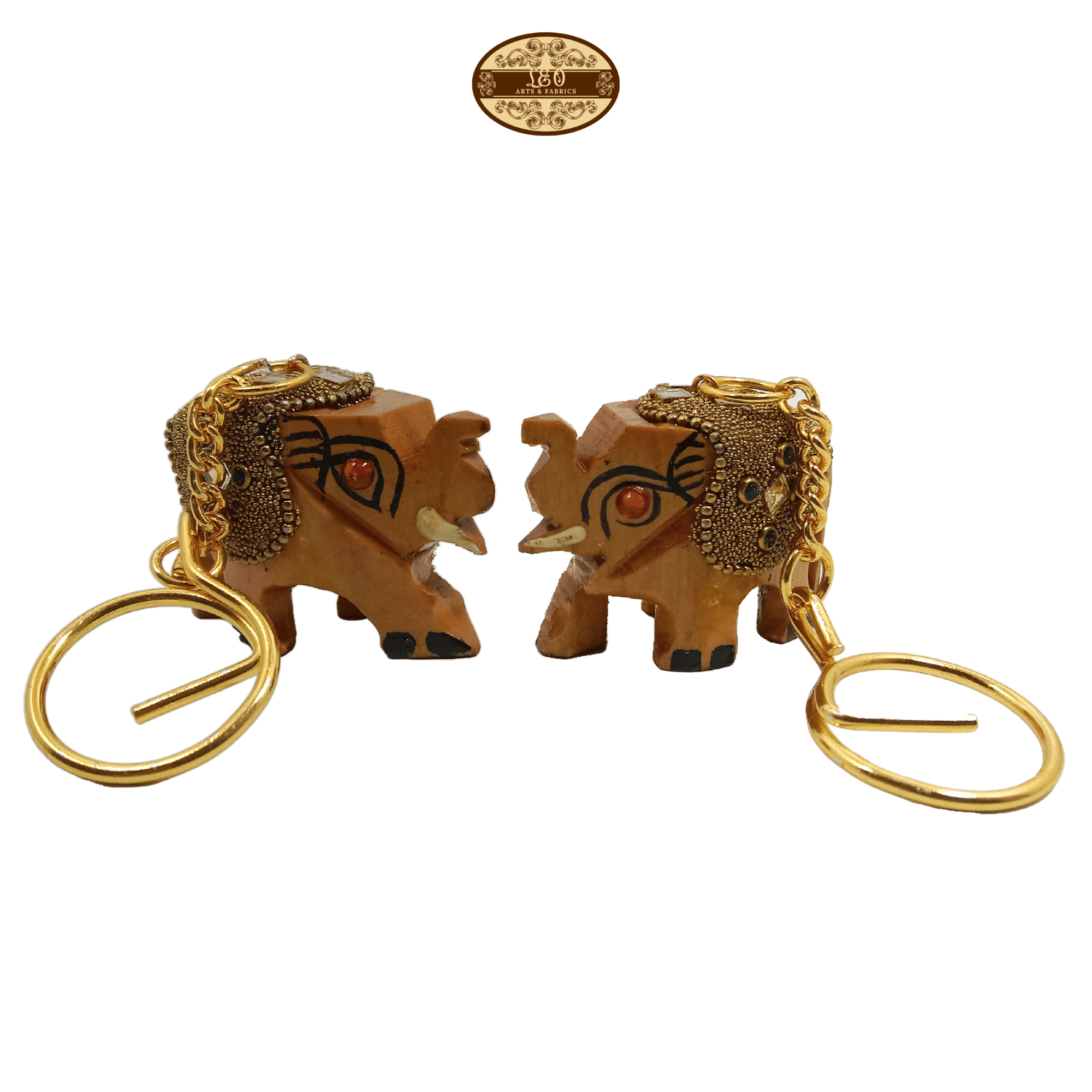 Handcrafted Wooden Elephant Key Chain, Decorative, Bajni Design, Golden, 6.5 cm x 6 cm x 4.5 cm