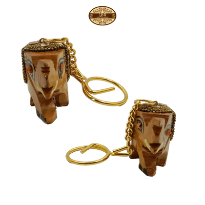 Handcrafted Wooden Elephant Key Chain, Decorative, Bajni Design, Golden, 6.5 cm x 6 cm x 4.5 cm